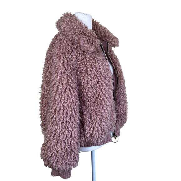 Zara TRF Sz S Faux Shearling Bomber Jacket in Mauve Fuzzy Zip-up Boho Warm - Picture 6 of 16